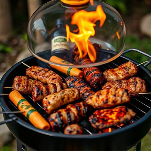 A braai setup with various meats grilling on a charcoal fire