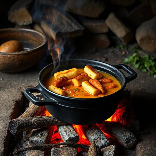 A cast-iron pot filled with Potjiekos, simmering over an open fire