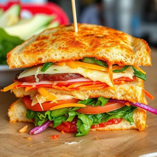 A colourful Kota sandwich with layers of fillings.