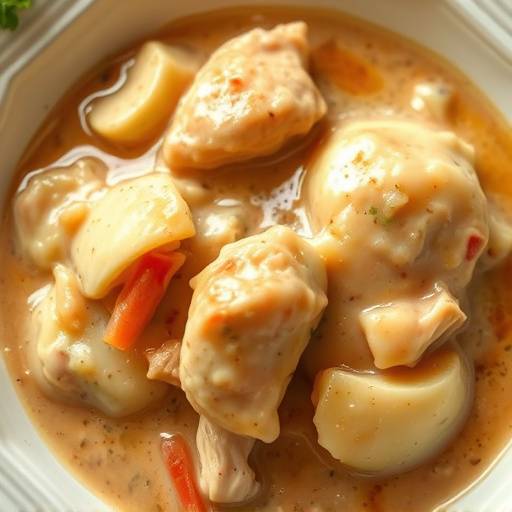 A hearty bowl of chicken and dumplings, with fluffy dumplings nestled in a rich gravy.