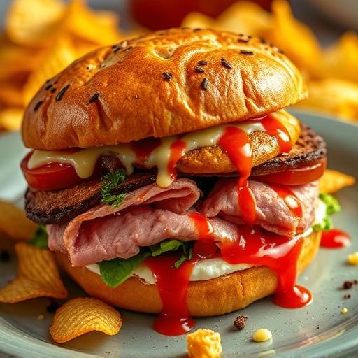 A loaded Gatsby sandwich with chips, polony, and sauces.