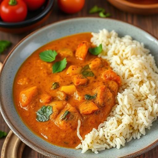 A vibrant bowl of Cape Malay curry with rice and condiments.